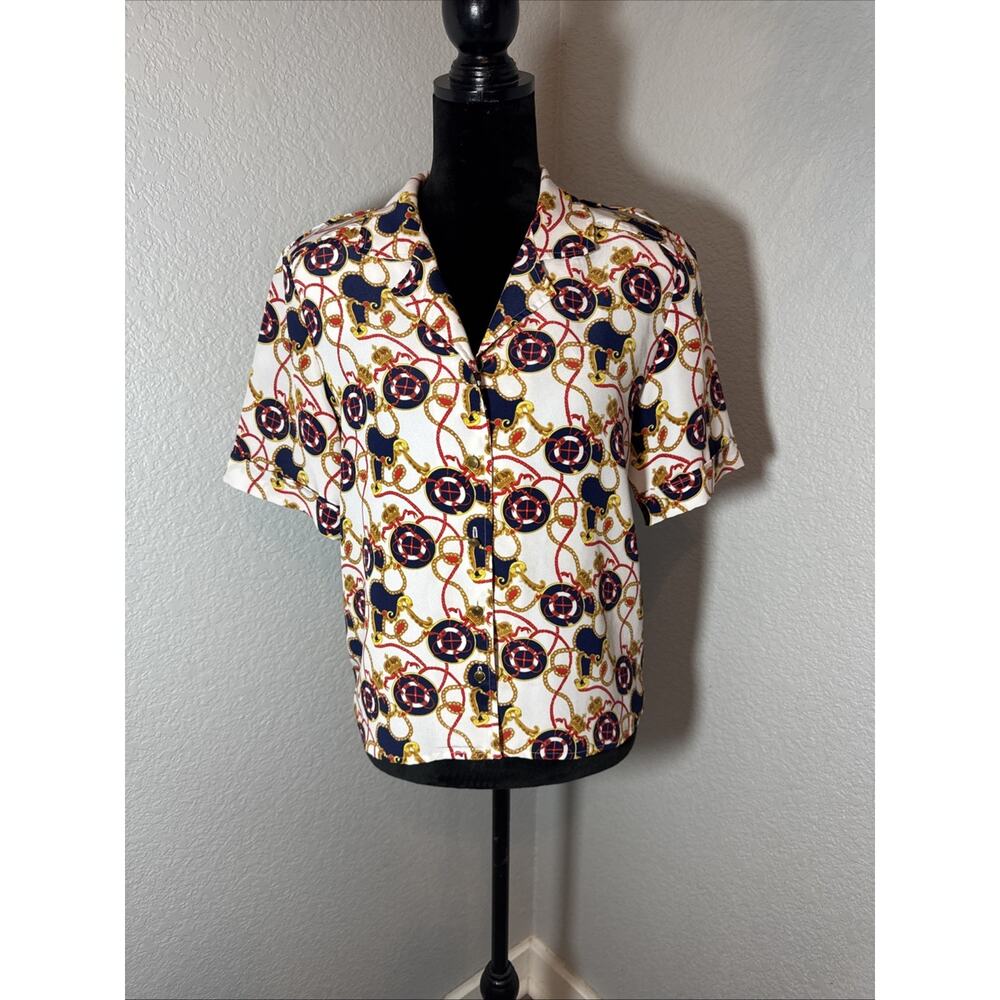 Vintage Nautical Print Button Up Blouse Collared Size 12 Leslie Fay‎ Co
